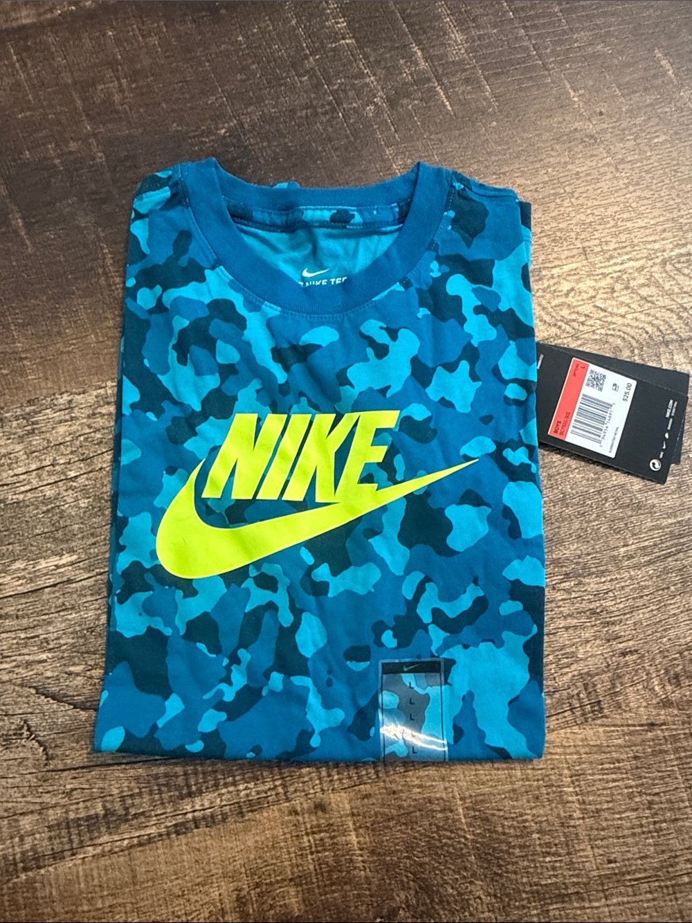 Nike Blue Camo Tee with Neon Yellow Logo